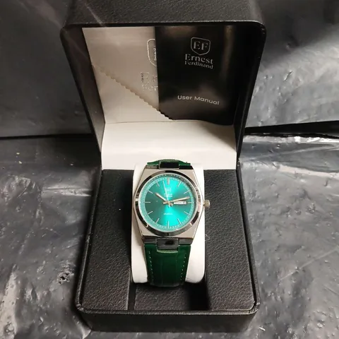 MENS ERNEST FERDINAND WATCH – DAY DATE CALENDAR DIAL –LEATHER STRAP – 3ATM WATER RESISTANT - GIFT BOX – GREEN
