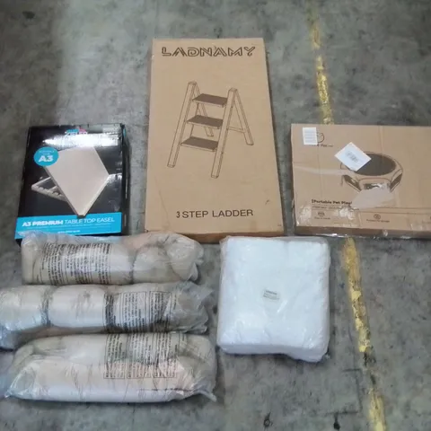 PALLET OF ASSORTED ITEMS TO INCLUDE: STEP LADDER, FOLDING MATTRESS, PET PLAY TENT, PET BEDS, TOWELS, TABLETOP EASEL ECT