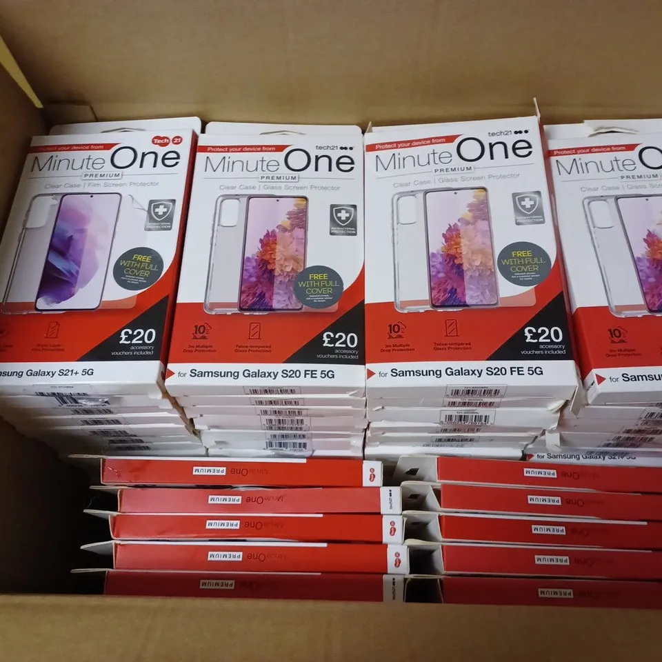 LOT OF APPROX. 96 BRAND NEW TECH21 MINUTE ONE PREMIUM CLEAR CASE FILM SCREEN PROTECTOR WITH 3M MULTIPLE DROP PROTECTION AND TRIPLE LAYER FILM PROTECTION FOR SAMSUNG GALAXY S21+ 5G