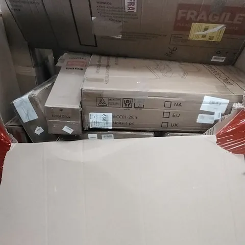 A PALLET CONTAINING ASSORTED HOUSEHOLD GOODS AND PRODUCTS TO INCLUDE;COMMODE CHAIR, WOODEN MIRROR, BOXED FURNITURE ETC