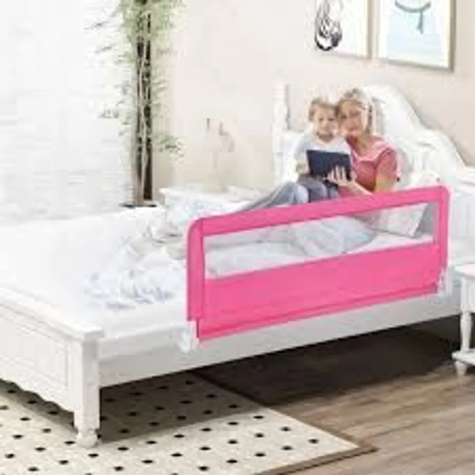 BOXED BED RAILS FOR TODDLERS, 150CM EXTRA LONG, UPGRADED SWING DOWN BED GUARD W/SAFETY STRAPS, FOLDING BABY BEDRAIL FOR KIDS - PINK