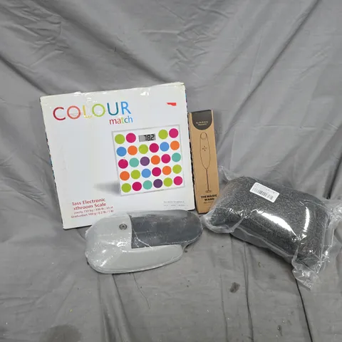 APPROXIMATELY 20 ASSORTED HOUSEHOLD PRODUCTS TO INCLUDE COLOUR MATCH GLASS SCALES, MAGIC WAND MILK FROTHER, WALL VINYL, ETC - COLLECTION ONLY