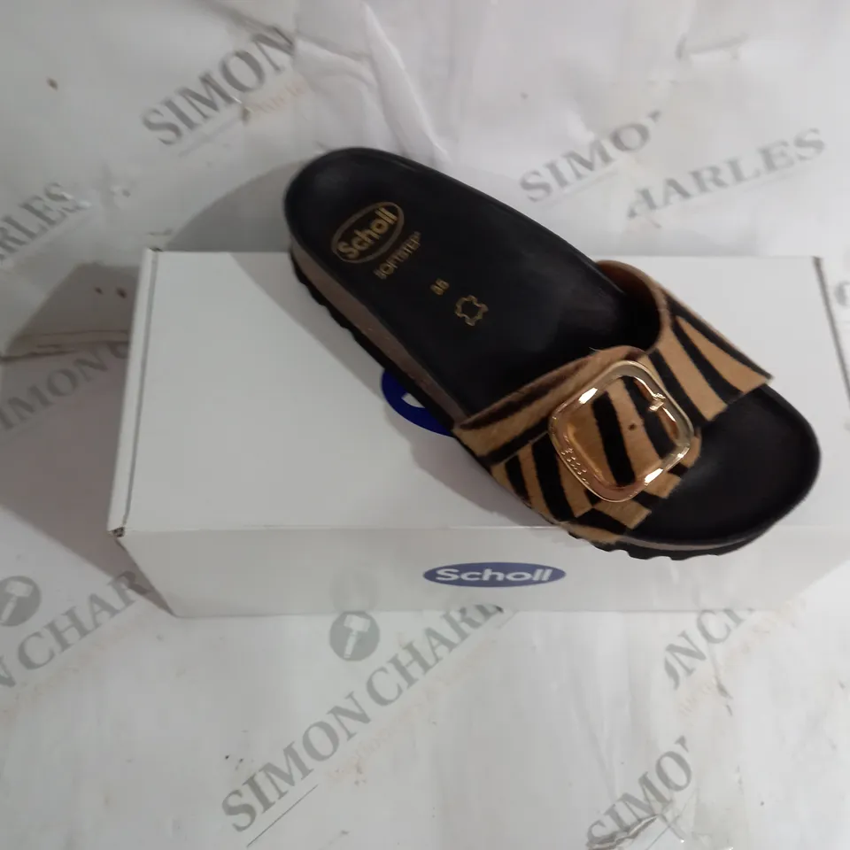 BOXED PAIR OF SCHOLL SANDALS LEATHER SOLE FURY STRIPED STRAP IN BROWN SIZE EU 35