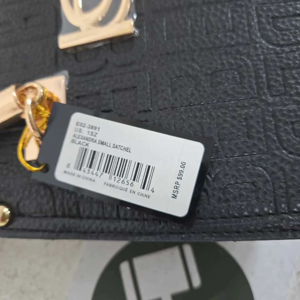 BEBE ALEXANDRA SMALL SATCHEL – BLACK TEXTURED HANDBAG WITH GOLD HARDWARE