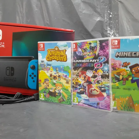 NINTENDO SWITCH NEON 1.1 CONSOLE WITH ANIMAL CROSSING NEW HORIZON, MINECRAFT AND MARIO KART 8 DELUXE