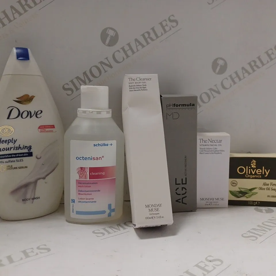 BOX OF APPROX 20 ASSORTED HEALTH AND BEAUTY ITEMS TO INCLUDE - DOVE DEEPLY NOURISHING BODY WASH - SCHULKE OCTENISAN CLEANING WASH LOTION - THE NECTAR VITAMIN FACIAL OIL ECT