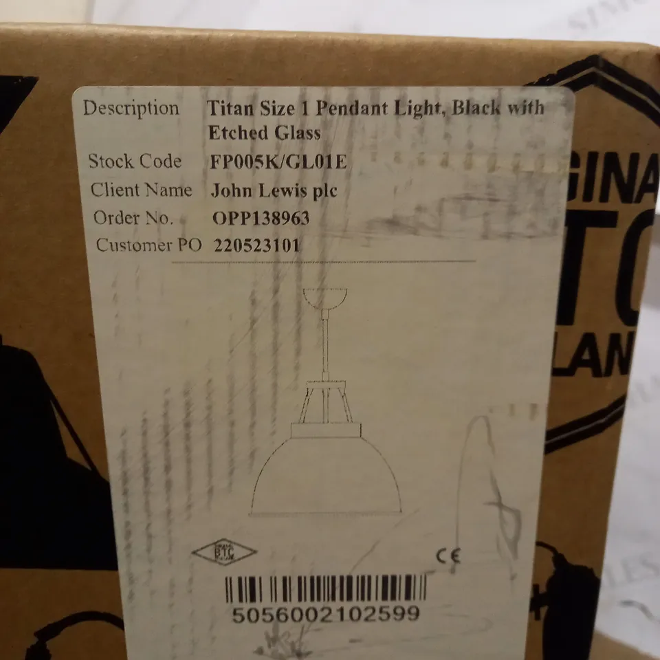ORIGINAL BTC ENGLAND TITAN SIZE 1 PENDANT LIGHT BLACK WITH ETCHED GLASS 