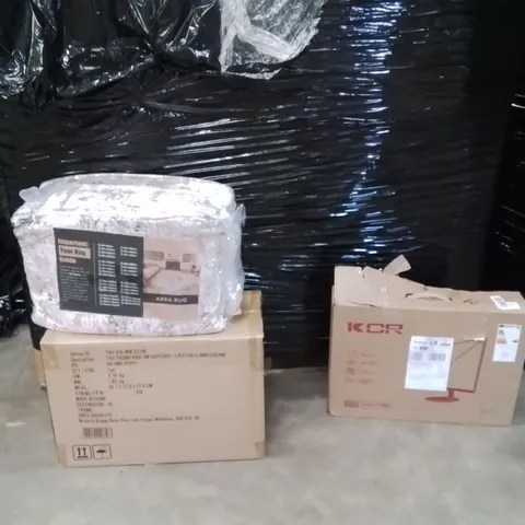 PALLET OF ASSORTED HOUSEHOLD GOODS AND PRODUCTS TO INCLUDE;MONITOR,RIDE ON SUITCASE,AREA RUG