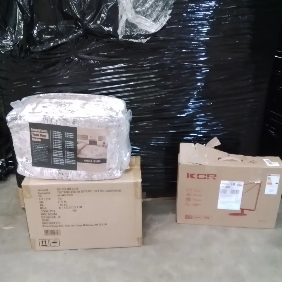 PALLET OF ASSORTED HOUSEHOLD GOODS AND PRODUCTS TO INCLUDE;MONITOR,RIDE ON SUITCASE,AREA RUG