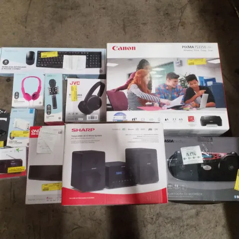 PALLET CONTAINING ASSORTED ELECTRICAL PRODUCTS INCLUDING CANON PIXMA TS3350 PRINTER, BLUETOOTH BOOMBOX, WIRELESS HEADPHONES, DIGITAL RADIO, HI-FI MICRO SYSTEM & KEYBOARD AND MOUSE COMBO