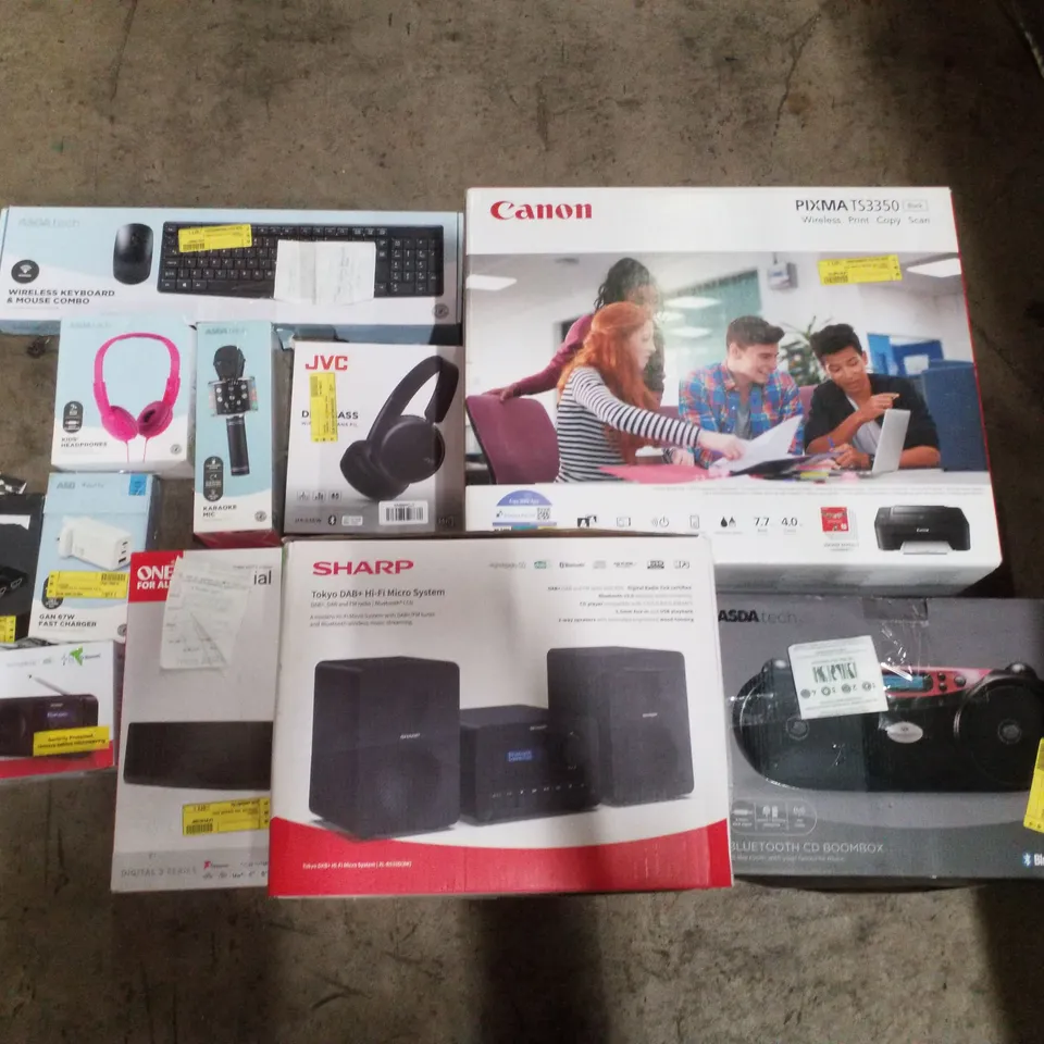 PALLET CONTAINING ASSORTED ELECTRICAL PRODUCTS INCLUDING CANON PIXMA TS3350 PRINTER, BLUETOOTH BOOMBOX, WIRELESS HEADPHONES, DIGITAL RADIO, HI-FI MICRO SYSTEM & KEYBOARD AND MOUSE COMBO