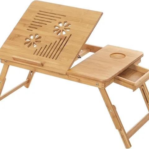 BOXED SONGMICS BAMBOO LAPTOP DESK, FOLDABLE BED TABLE, HEIGHT ADJUSTABLE SOFA TRAY, WITH 5 TILTING ANGLES, AIR HOLES, SMALL DRAWER, 55 X 35 X (21 - 29) CM