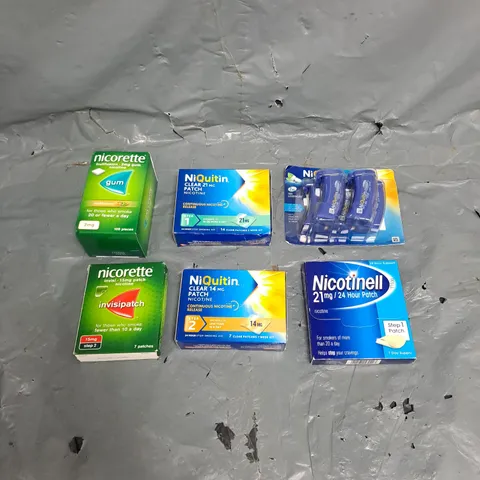 APPROXIMATELY 15 ASSORTED SMOKING PREVENTION AIDS TO INCLUDE NICORETTE GUM, NIQUITIN MINIS LOZENGES, NIQUITIN PATHCES, ETC