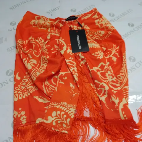 PRETTYLITTLETHING ORANGE PAISLEY PRINT WOVEN TASSEL WRAP SKIRT - UK 6