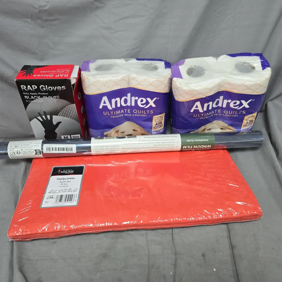 APPROXIMATELY 20 ASSORTED HOUSEHOLD PRODUCTS TO INCLUDE ANDREX TISSUE PAPER, RAP GLOVES, TABLECLOTHS, ETC - COLLECTION ONLY