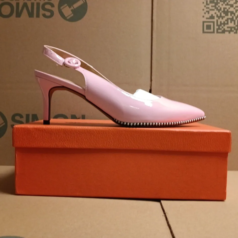 BOXED PAIR OF CASTAMERE POINTED TOE LOW STILETTO HEEL SHOES IN PINK SIZE EU 38