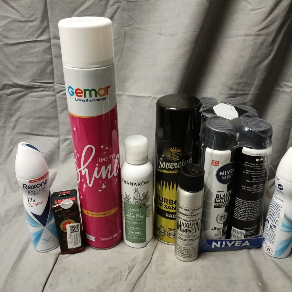 APPROXIMATELY 15 ASSORTED AEROSOLS TO INCLUDE GEMAR TIME TO SHINE, PRANAROM TEA TREE, NIVEA MEN BLACK & WHITE, ETC - COLLECTION ONLY
