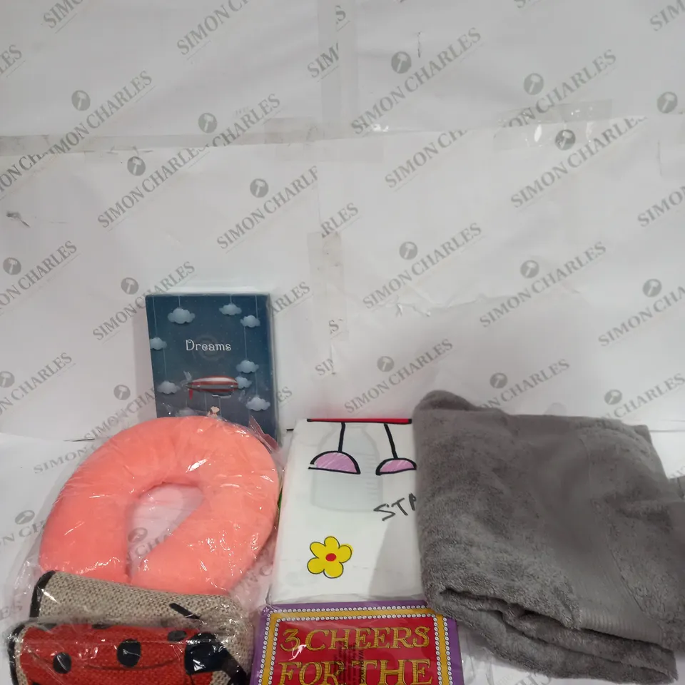 LARGE BOX OF ASSORTED HOUSEHOLD ITEMS TO INCLUDE NECK PILLOW, NOTEBOOK AND TOWELS