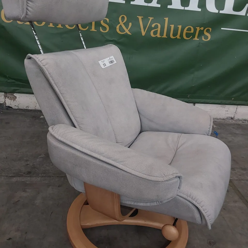 QUALITY BRITISH DESIGNER G PLAN BERGEN CHAIR & FOOTSTOOL STINGRAY PLATINUM FABRIC 