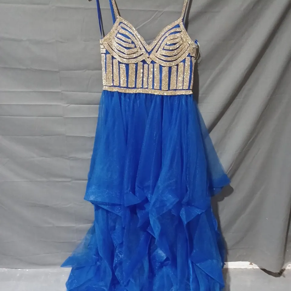 UNBRANDED TIE BACK FAUX CRYSTAL DETAIL RUFFLED MESH BOTTOM DRESS IN BLUE  - SIZE UNSPECIFIED