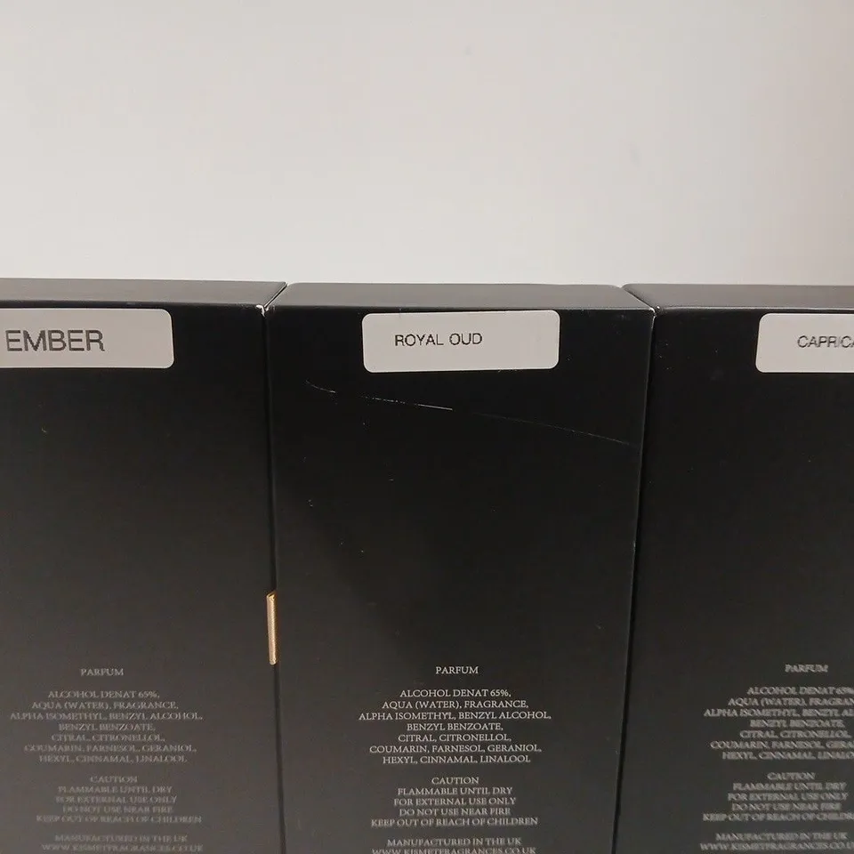 3 X 50ML KISMET PARFUMS TO INCLUDE EMBER, ROYAL OUD, CAPRICA 