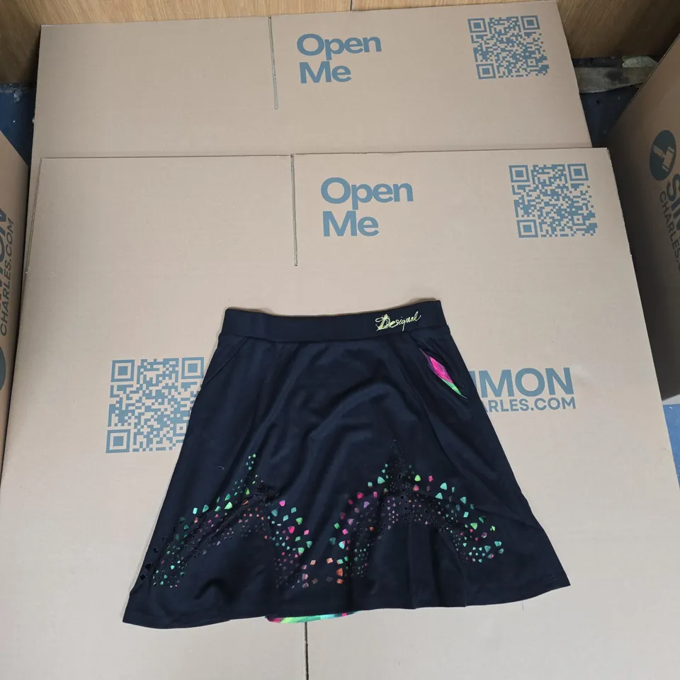 DESIGUAL WOMEN'S SKIRT – BLACK WITH COLOURFUL TRIANGLE PRINT – SIZE L