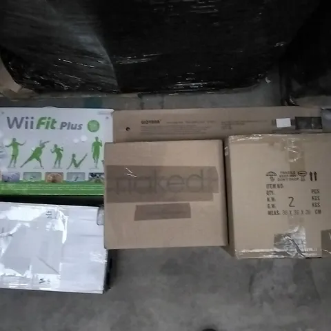PALLET OF ASSORTED ITEMS INCLUDING WII FIT PLUS, DONYER POWER ELECTRICAL PATIO HEATER, QUEST 30CM MULTI FUNCTION ELECTRIC COOKER, SPRING LOADED TENSION ROD, GIOVARA PVC CHAIR MAT, INSTANT POT AIR FRY