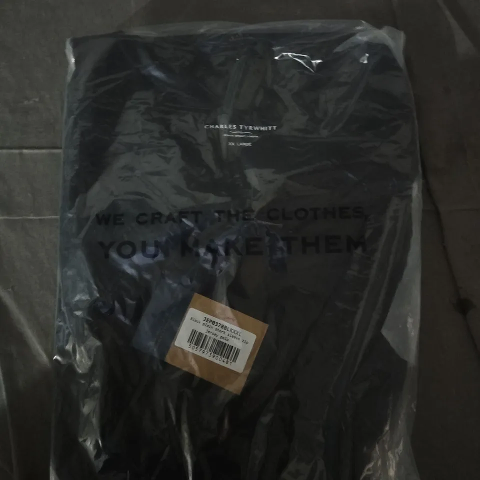 CHARLES TYRWHITT BLACK ZIP JERSEY POLO SHIRT, SHORT SLEEVE – XXL