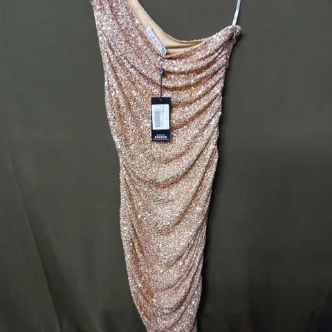 CLUB OF LONDON CHAMPAGNE SEQUIN ASYMMETRICAL ONE SHOULDER RUCHED MIDI DRESS - UK 12