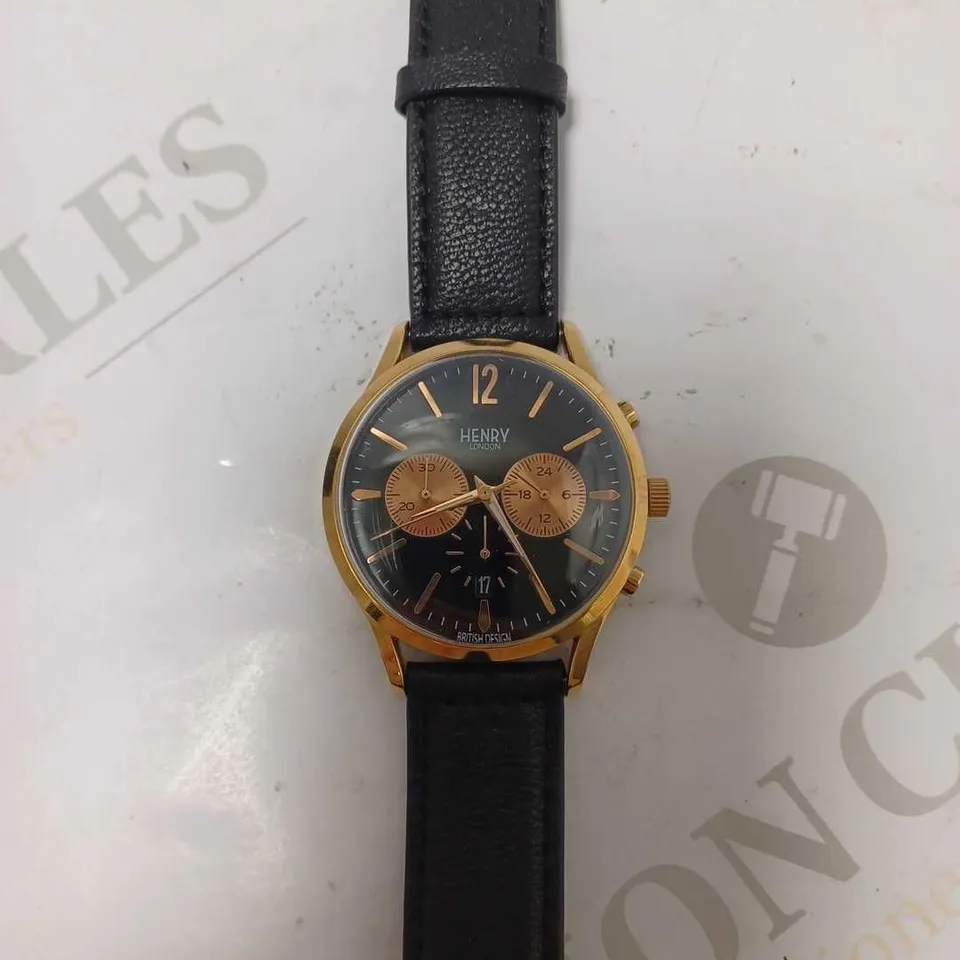 HENRY LONDON ROSE GOLD TRIPLE DIAL BLACK LEATHER STRAP WRISTWATCH 