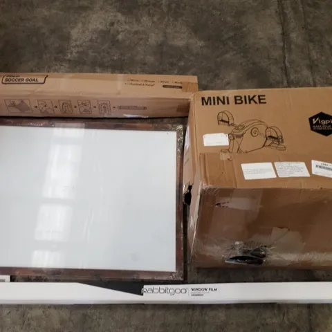 PALLET OF ASSORTED PRODUCTS INCLUDING FOLD SOCCER GOAL, MINI EXERCISE BIKE, WINDOW FILM, CLOTHES RAIL, WHITEBOARD