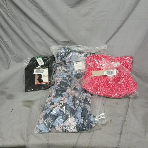 BOX OF APPROXIMATELY 25 ASSORTED CLOTHING ITEMS INCLUDING MIRACLE SHAPING SUIT SIZE LARGE, GREAT PLAINS SIZE 8 DRESS AND FINERY SIZE 8 DRESS