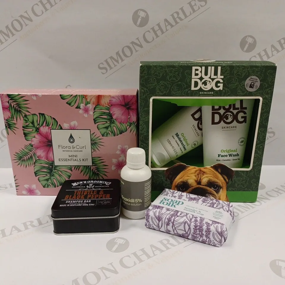 LOT OF 5 ASSORTED HEALTH AND BEAUTY PRODUCTS TO INCLUDE BULLDOG SKINCARE DUO SET AND FLORA & CURL BOTANICAL HAIRCARE MINI ESSENTIALS KIT