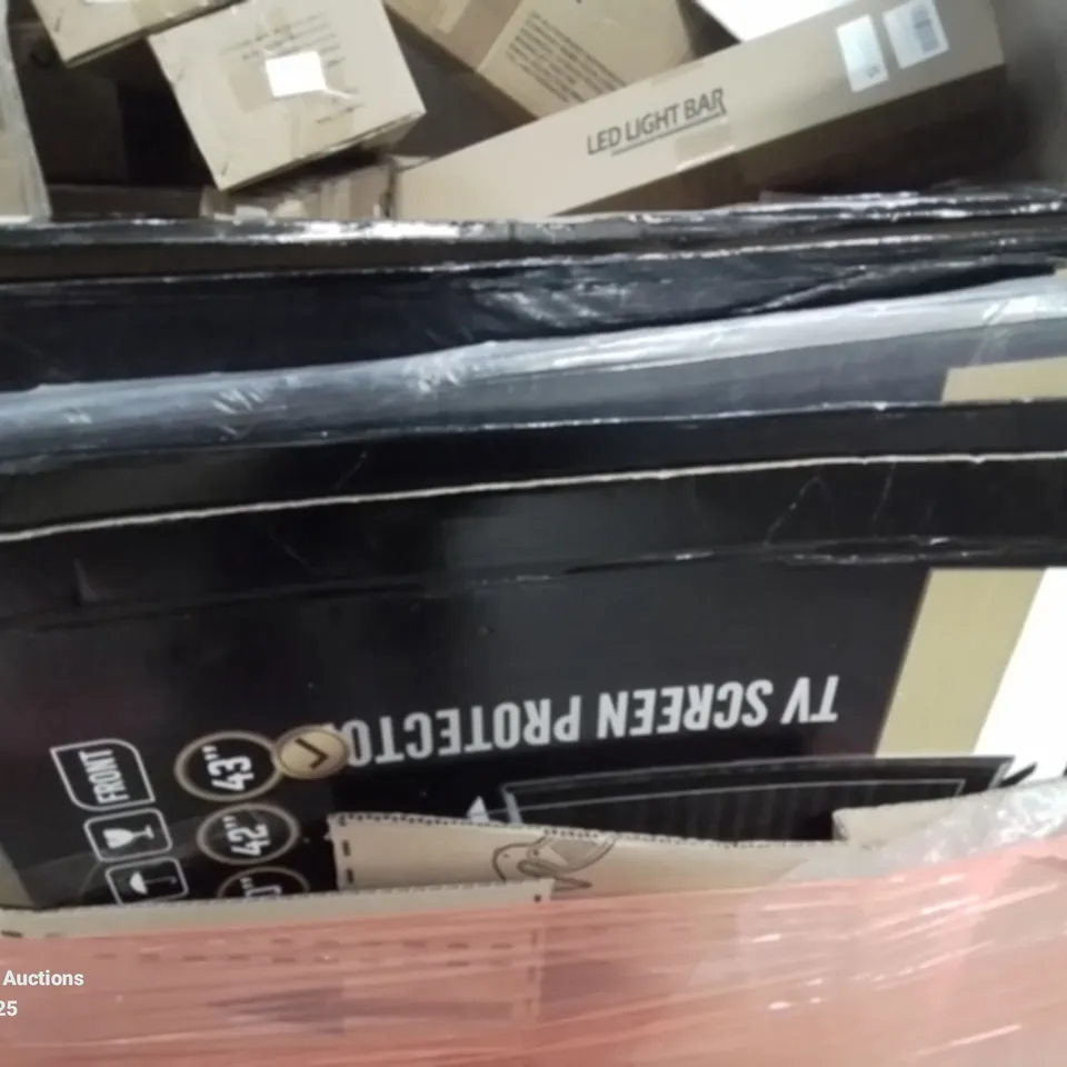 PALLET CONTAINING VARIOUS ASSORTED ITEMS TO INCLUDE SEVERAL LED LIGHT BARS, SHOE CABINET, TV SCREEN PROTECTORS, LED CEILING LIGHT AND LOTS MORE UNMARKED BOXED ITEMS 