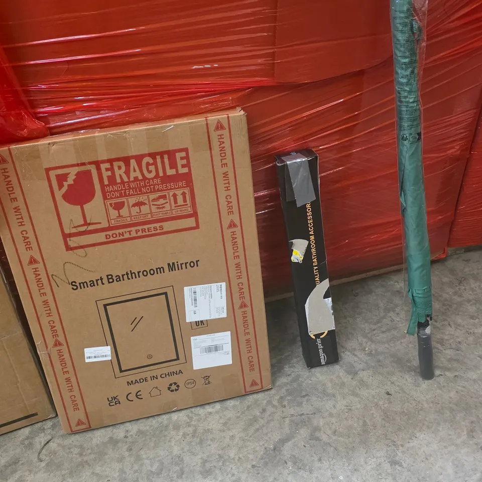 "PALLET OF ASSORTED HOUSEHOLD GOODS AND PRODUCTS TO INCLUDE;SMART BATHROOM MIRROR,BATHROOM ACCESSORIES,UMBRELLA 