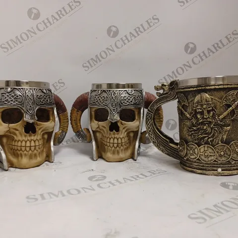 BOX OF APPROX 3 ASSORTED MUGS TO INCLUDE - MEETOZ STAINLESS STEAL MUG - MEDIEVAL NORSE VIKING SHIP MUG 