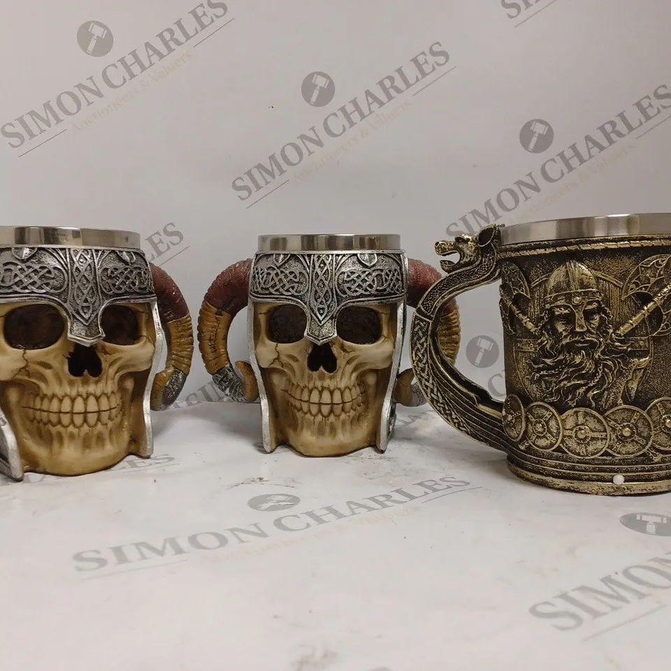 BOX OF APPROX 3 ASSORTED MUGS TO INCLUDE - MEETOZ STAINLESS STEAL MUG - MEDIEVAL NORSE VIKING SHIP MUG