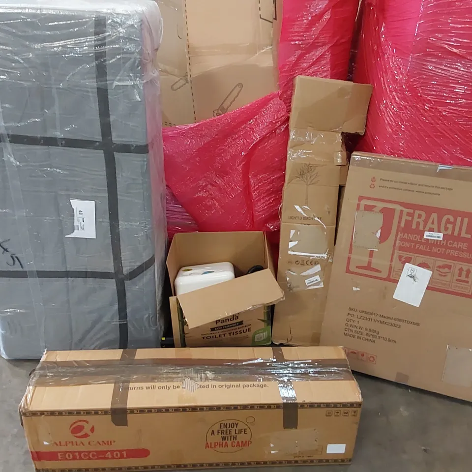 PALLET OF ASSORTED CONSUMER GOODS AND FURNITURE PRODUCTS TO INCLUDE; ALPHA CAMP CAMPING CHAIR, SMALL DOUBLE FOLDING MATTRESS, LED MIRROR, STEAM CLEANER, LIGHTED ARTIFICIAL BIRCH TREE ECT.
