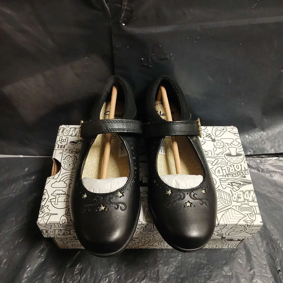 BOXED PAIR OF CLARKS KIDS' BLACK MARY JANE SHOES WITH STAR & MOON EMBROIDERY – UK SIZE 1.5