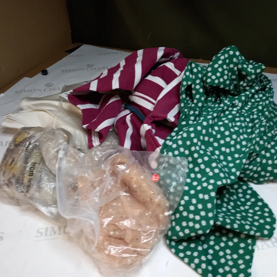  BOX OF ASSORTED CLOTHING ITEMS TOO INCLUDE DRESSES , SHIRTS AND TROUSERS IN VARIOUS SIZES AND COLOURS   