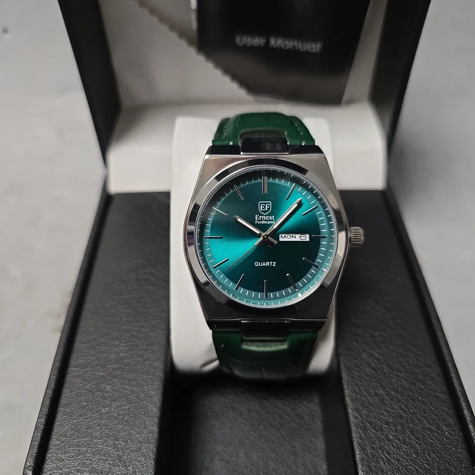  ERNEST FERDINAND WATCH – DAY DATE CALENDAR DIAL – LEATHER STRAP – 3ATM WATER RESISTANT - GIFT BOX