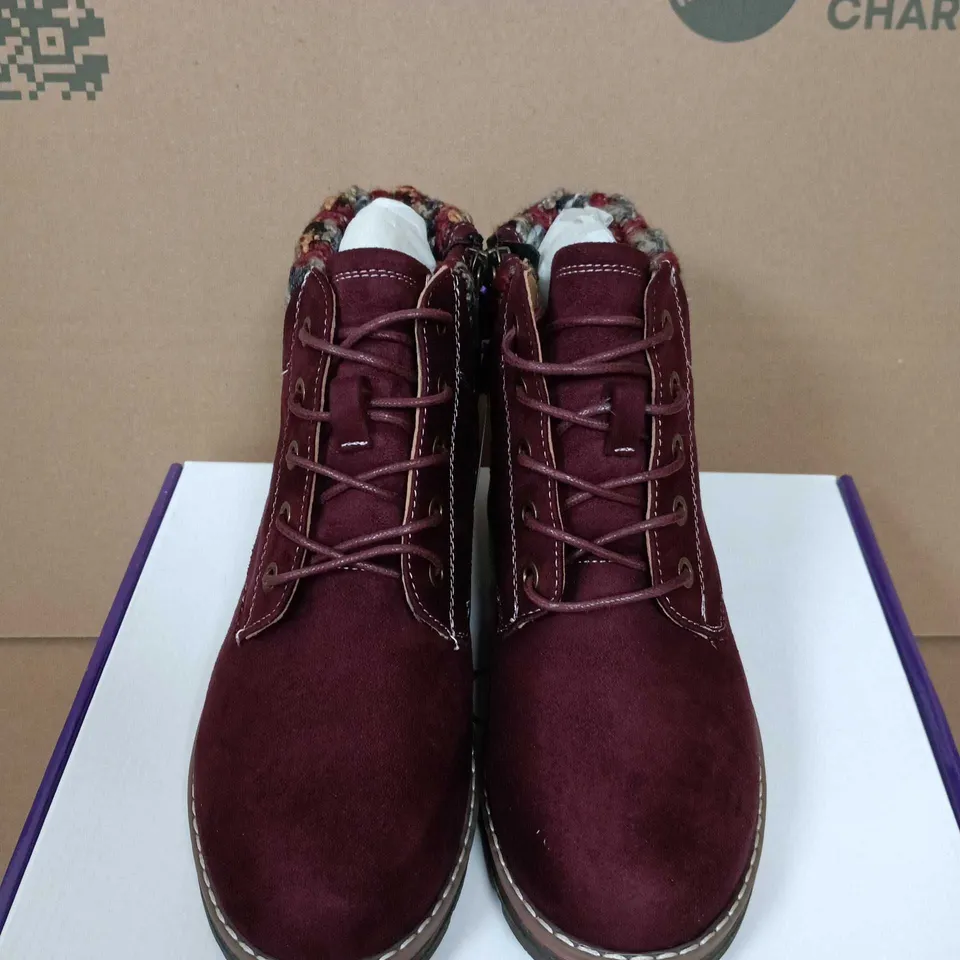 BOXED PAIR OF LOTUS SYCAMORE BORDO SUEDE BOOTS – WOMEN'S ANKLE BOOTS, UK 3