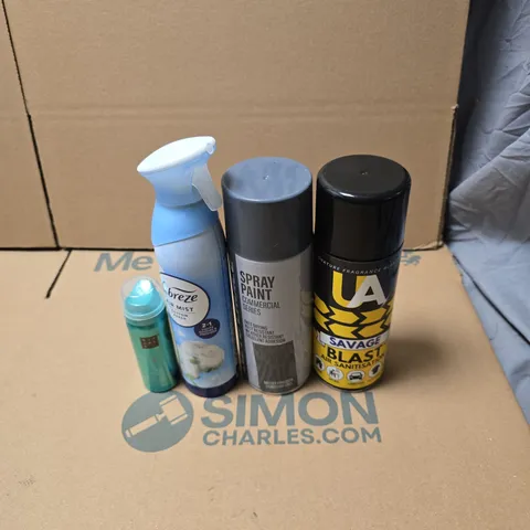 TOTE OF APPROXIMATELY 20 ASSORTED AEROSOL PRODUCTS TO INCLUDE THE RITUAL OF KARMA BODY LOTION MOUSSE, UA SAVAGE BLAST AIR SANITATION, FABREZE, SPRAY PAINT STONELEIGH GREY ETC