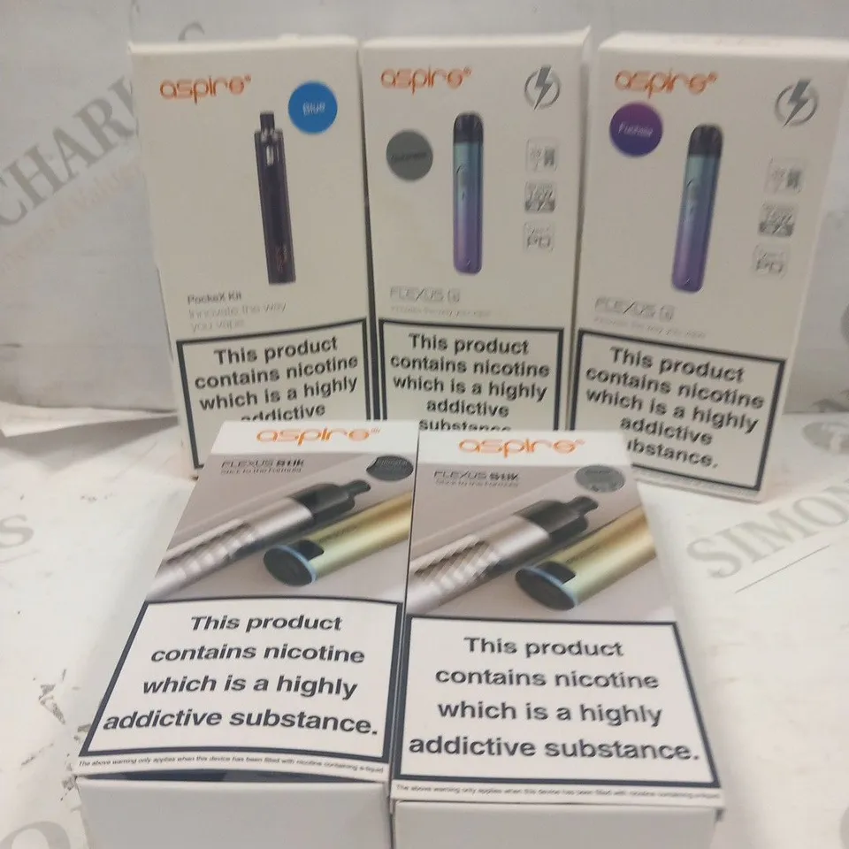 APPROXIMATELY 5 BOXED ASPIRE VAPING PRODUCTS TO INCLUDE; FLEXUS Q AND FLEXUS STIK