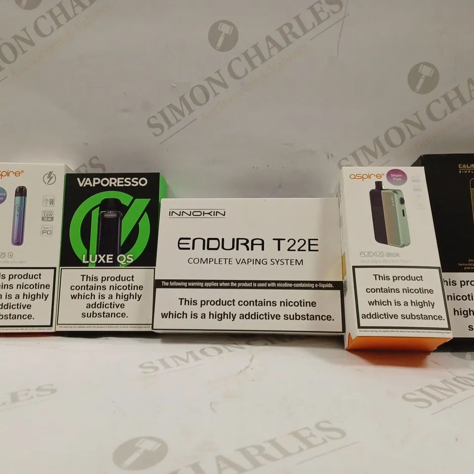 BOX OF APPROX 12 ASSORTED E-CIGARETTES TO INCLUDE - CALIBURN G POD SYSTEM - ASPIRE FLEXUS BLUK - INNOKIN ENDURA T22E VAPING SYSTEM ECT