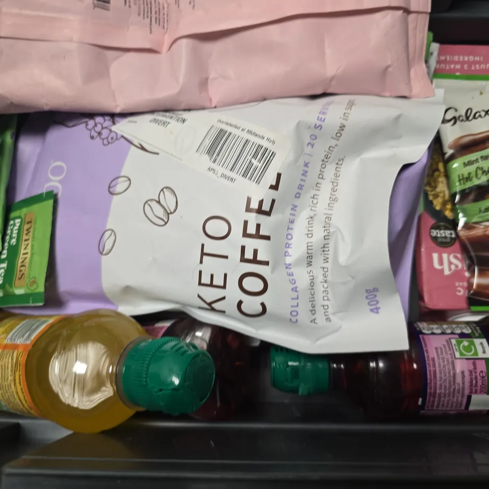 APPROXIMATELY 12 ASSORTED FOOD & DRINK ITEMS TO INCLUDE - PLENISH OAT ,RAVE COFFEE , TONY'S CHOCOLATE ETC