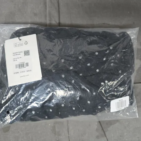 WHISTLES METALLIC DOBBY FRILL BLOUSE IN BLACK SIZE UK 14