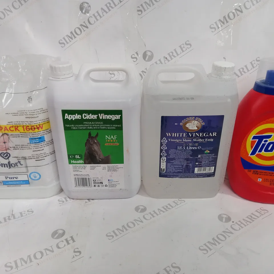 BOX OF APPROX 4 ASSORTED LIQUIDS TO INCLUDE - COMFORT PURE - APPLE CIDER VINEGAR - WHITE VINEGAR ECT