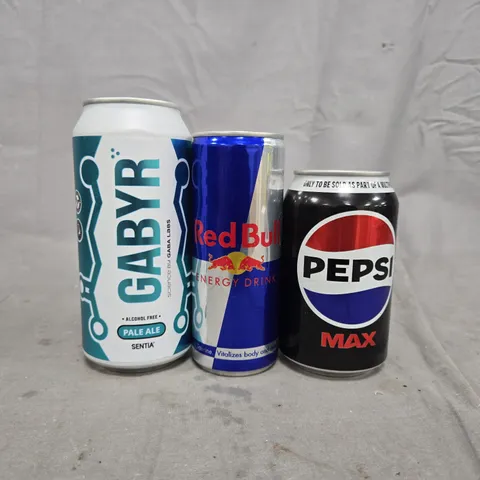 LOT OF 22 ASSORTED TINNED DRINKS TO INCLUDE GABYR, RED BULL PEPSI