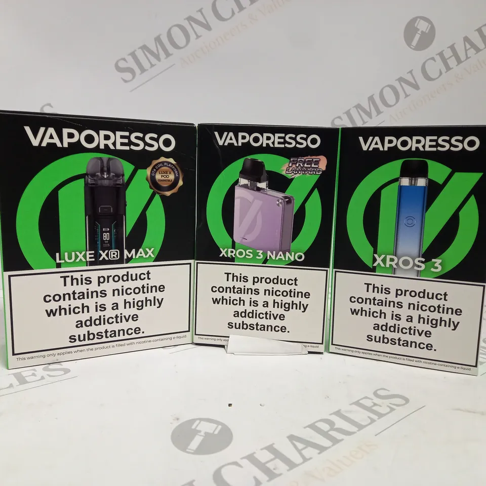 APPROXIMATELY 20 ASSORTED BOXED VAPORESSO VAPING PRODUCTS TO INCLUDE XROS 3, XROS 3 NANO, LUXE XR MAX ETC.